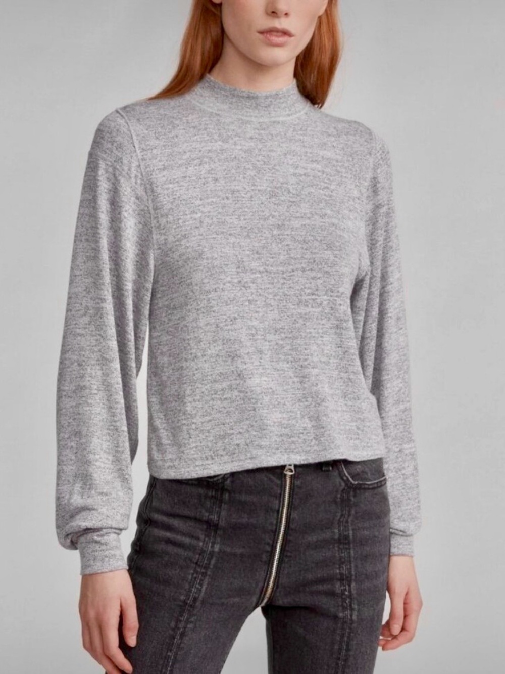 rag & bone Heather Gray Mock Neck Knit Top Popover Sweater with Balloon Sleeves